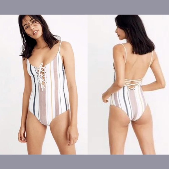 NWT TAVIK [ XS ] Monahan Lace Up‎ One Piece Swimsuit in White Berry Stripe - Picture 2 of 12